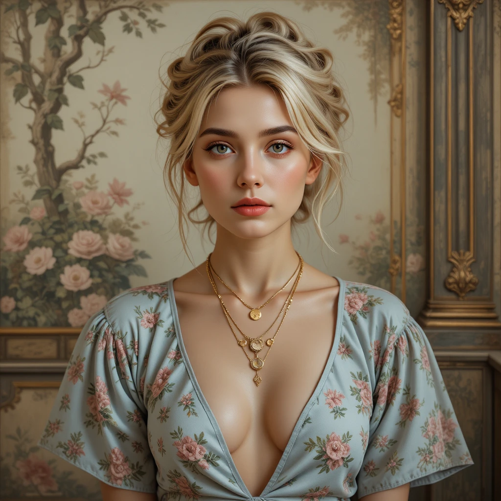 Warm oil portrait of a young woman in blue floral blouse