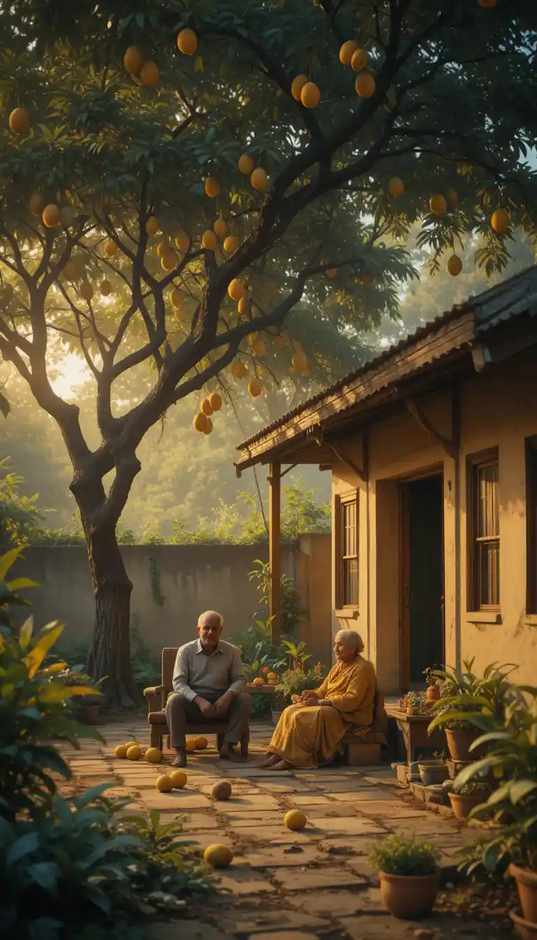Elderly Couple Sharing Mangoes In A Quiet Courtyard