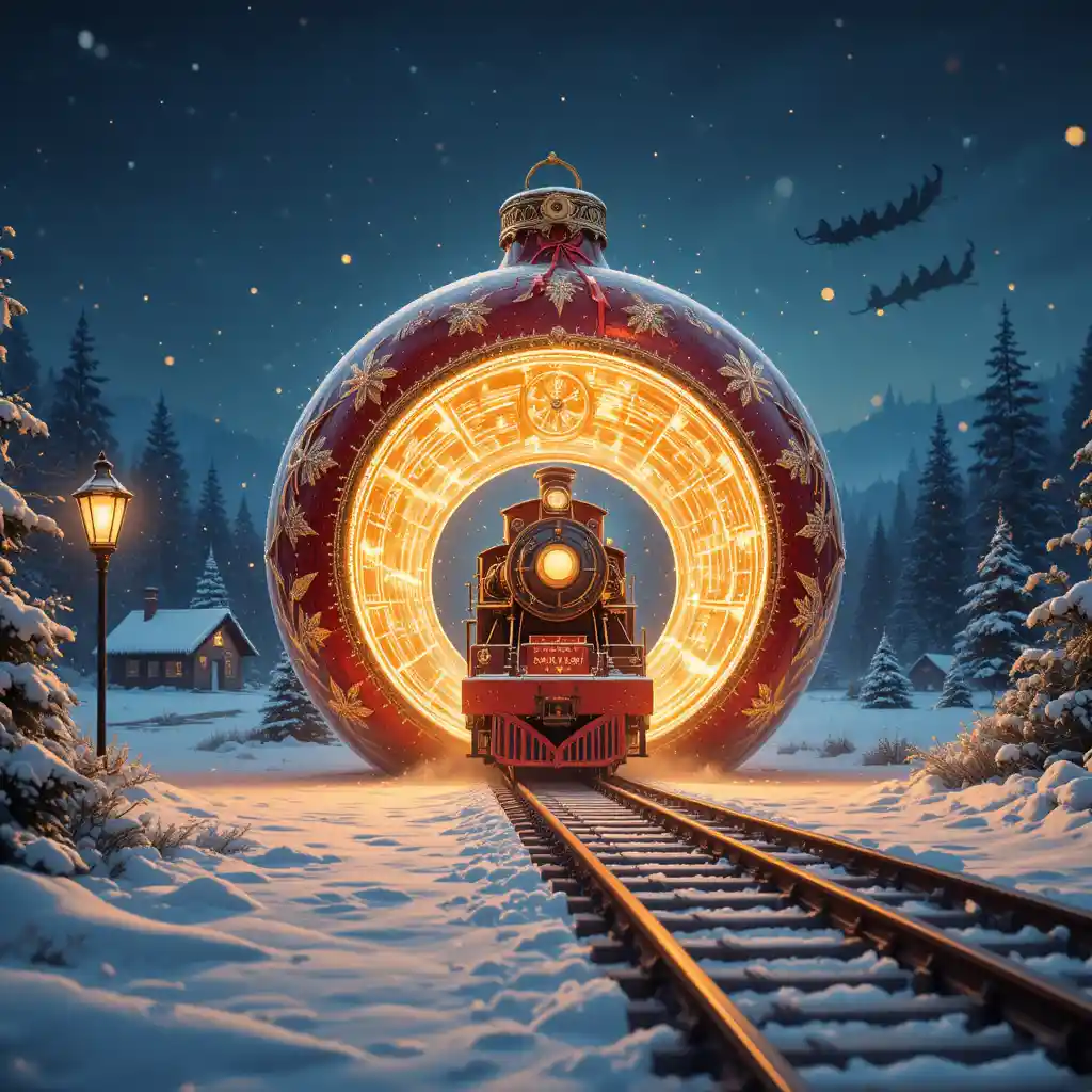 Vintage-roter Zug, der aus einem leuchtenden Ornament-Portal hervorkommt