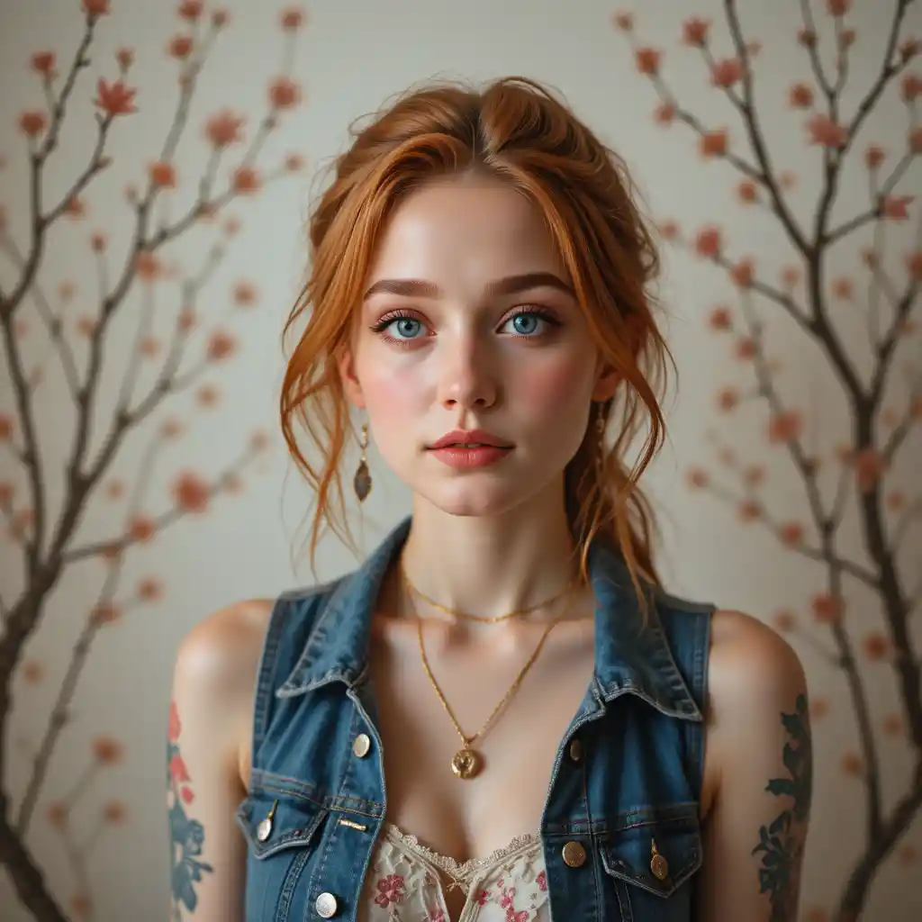 Red haired girl portrait with floral watercolor background
