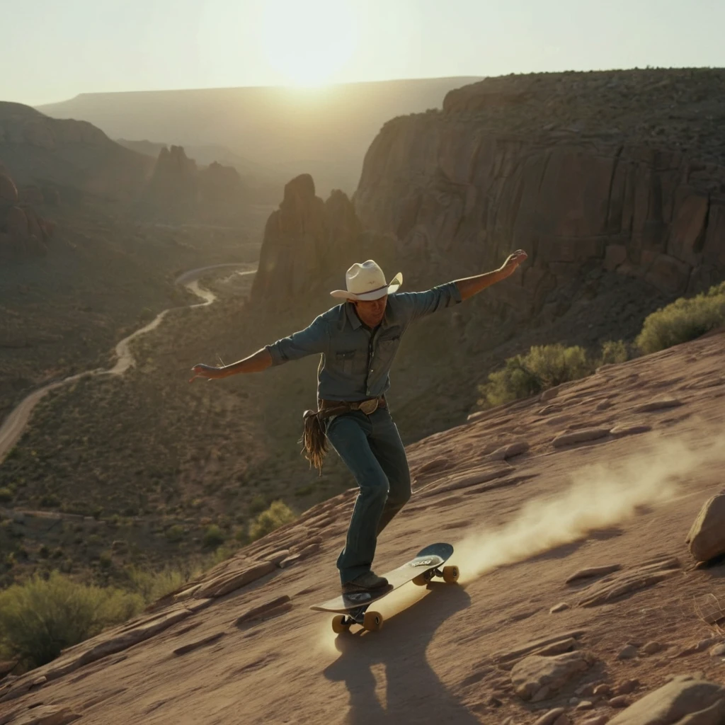 Cowboy skatet bei Einbruch der Dämmerung mit hoher Geschwindigkeit eine felsige Mesa hinunter