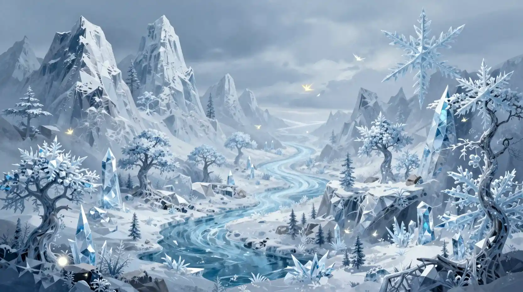 Epic frozen fantasy landscape of crystalline snowflake mountains