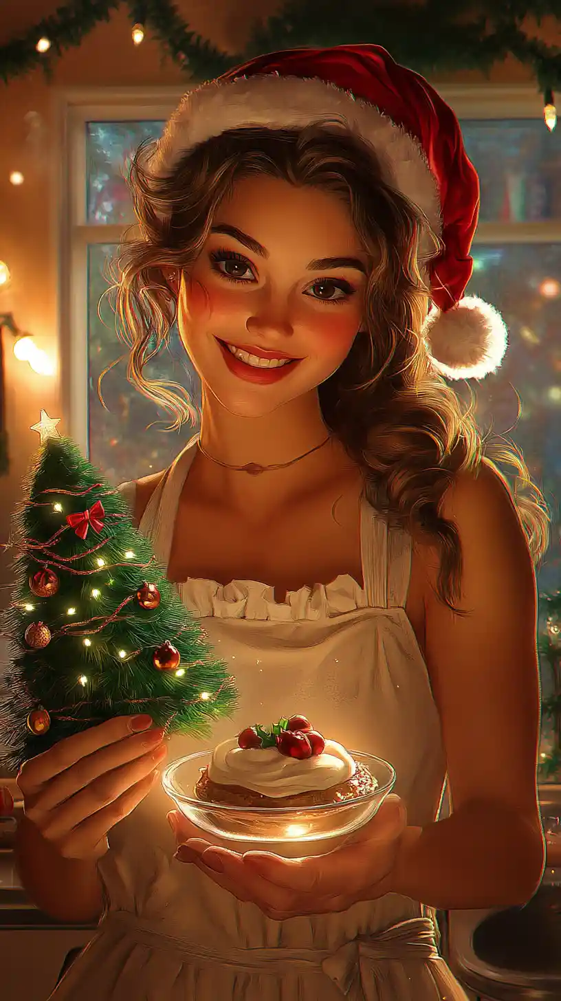 Smiling woman with christmas dessert in cozy kitchen