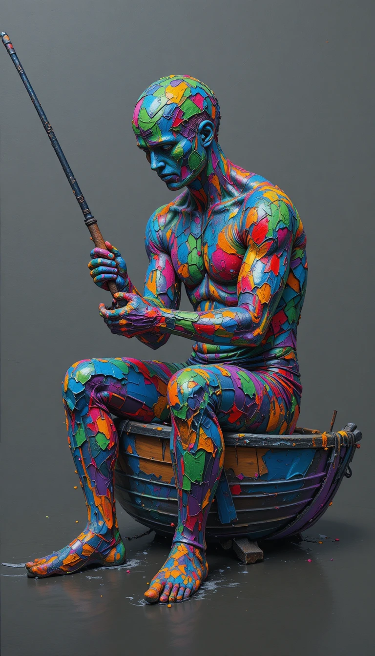 Abstract fisherman figure merged with a colorful symbolic boat