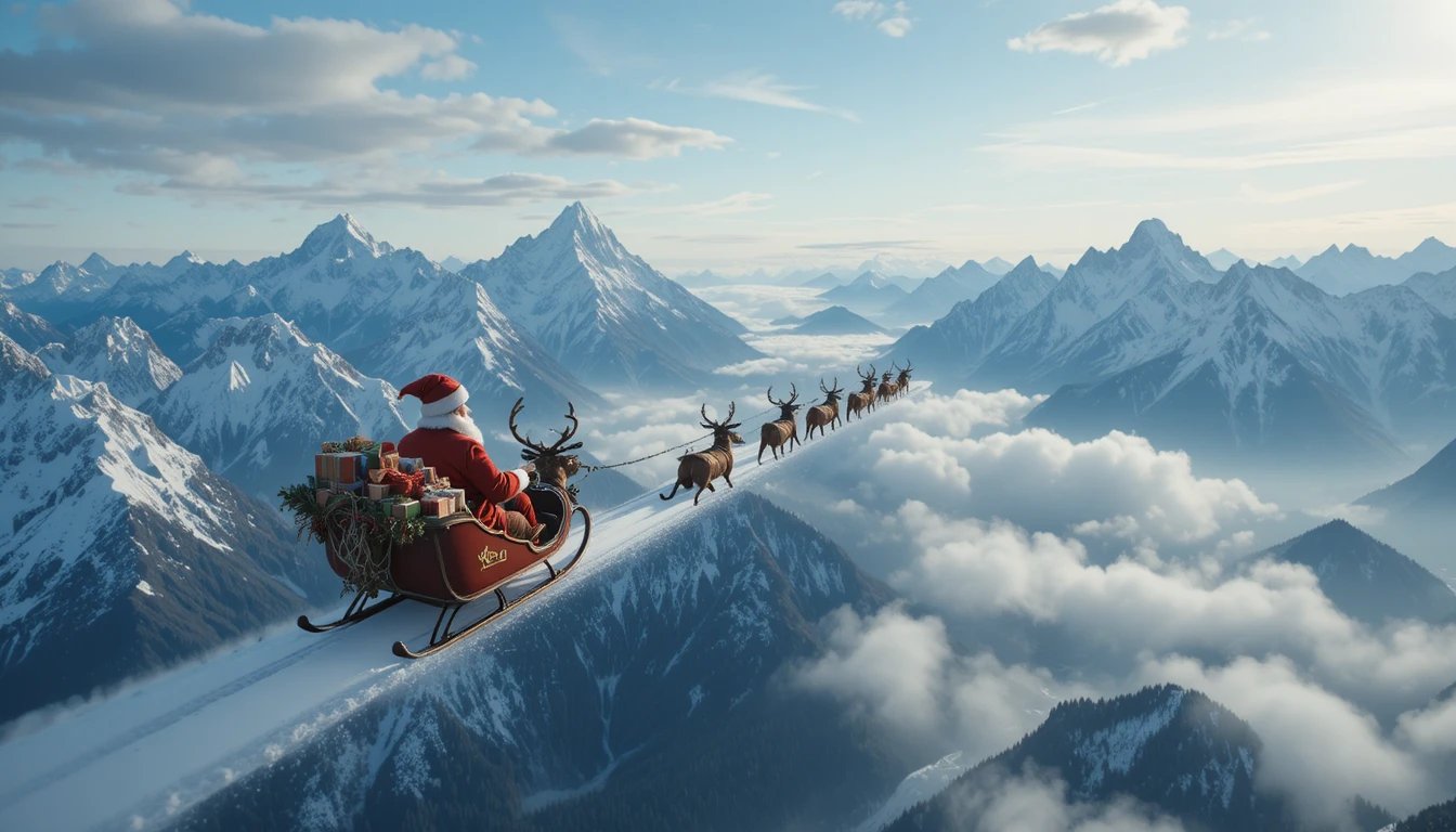 Babbo Natale che vola sopra le cime delle montagne visto da un elicottero