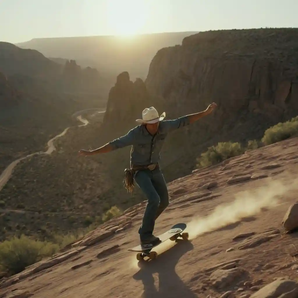 Cowboy skatet bei Einbruch der Dämmerung mit hoher Geschwindigkeit eine felsige Mesa hinunter