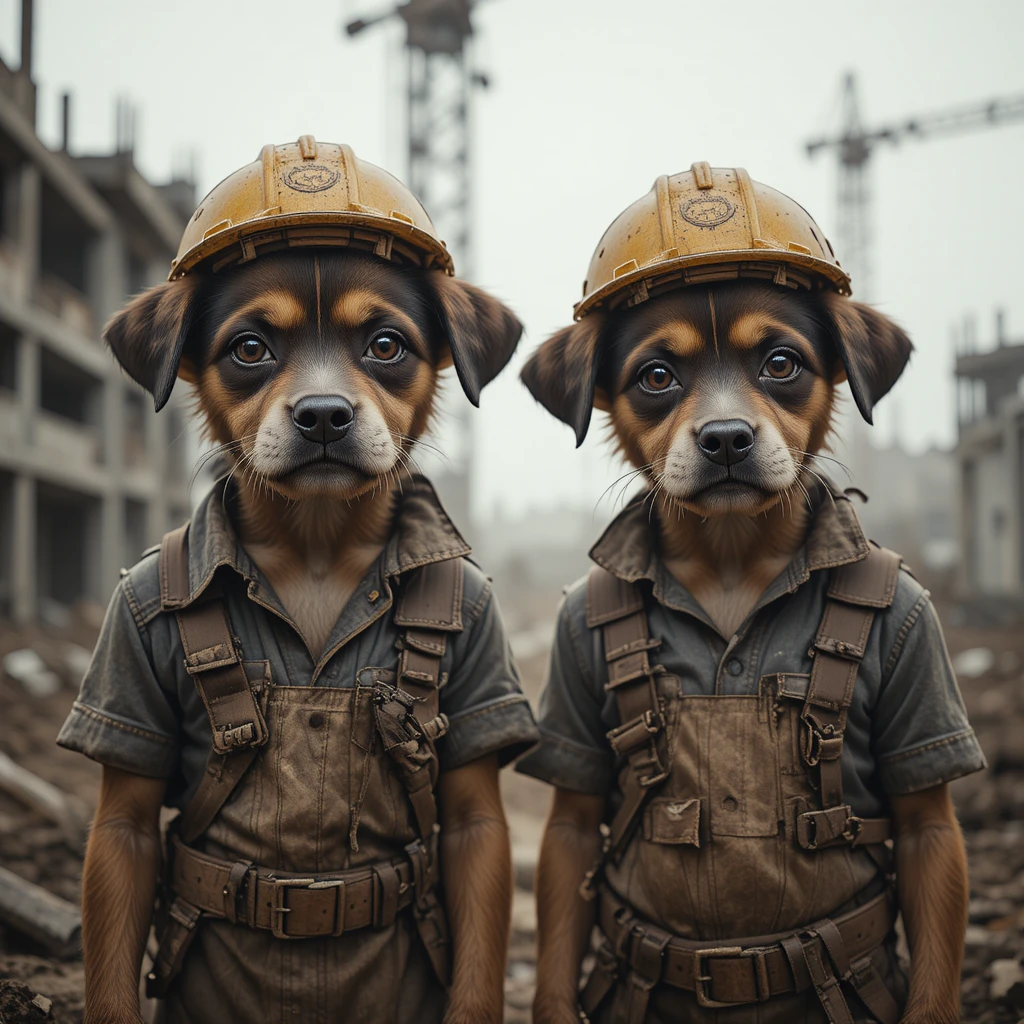 Due cuccioli esausti come operai in un cupo cantiere edile