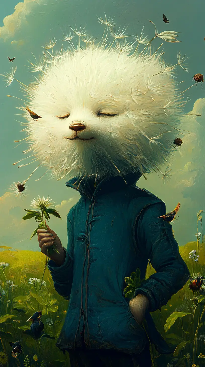 Whimsical dandelion headed character studying a tiny plant