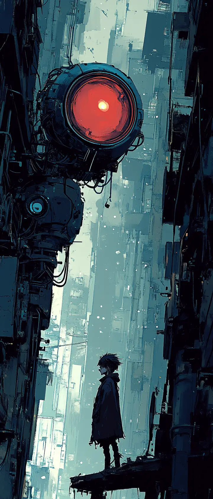 Lone scavenger repairing projector robot in flooded city