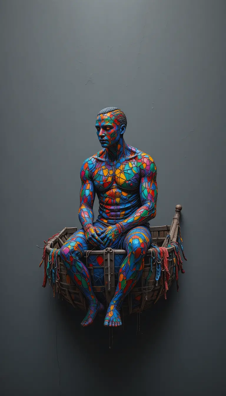 Abstract fisherman seated within a vibrant symbolic boat