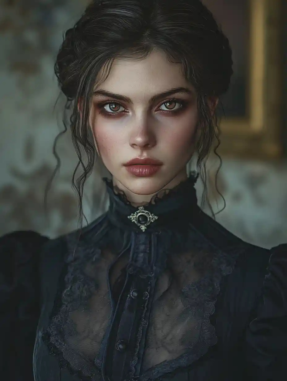Demon hunter woman inside eerie gothic victorian interior