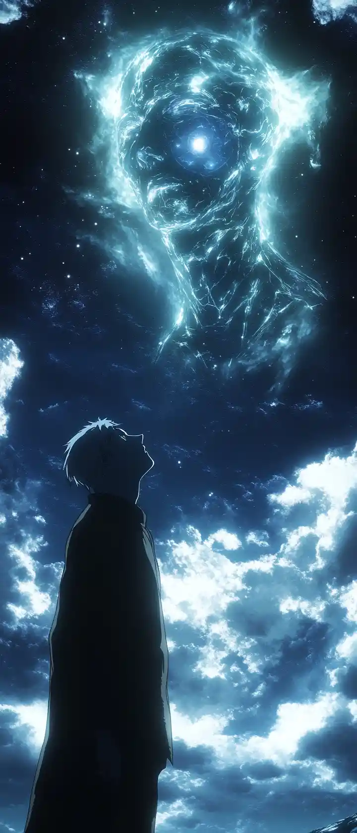 Immortal starship captain watching hologram of lost crew