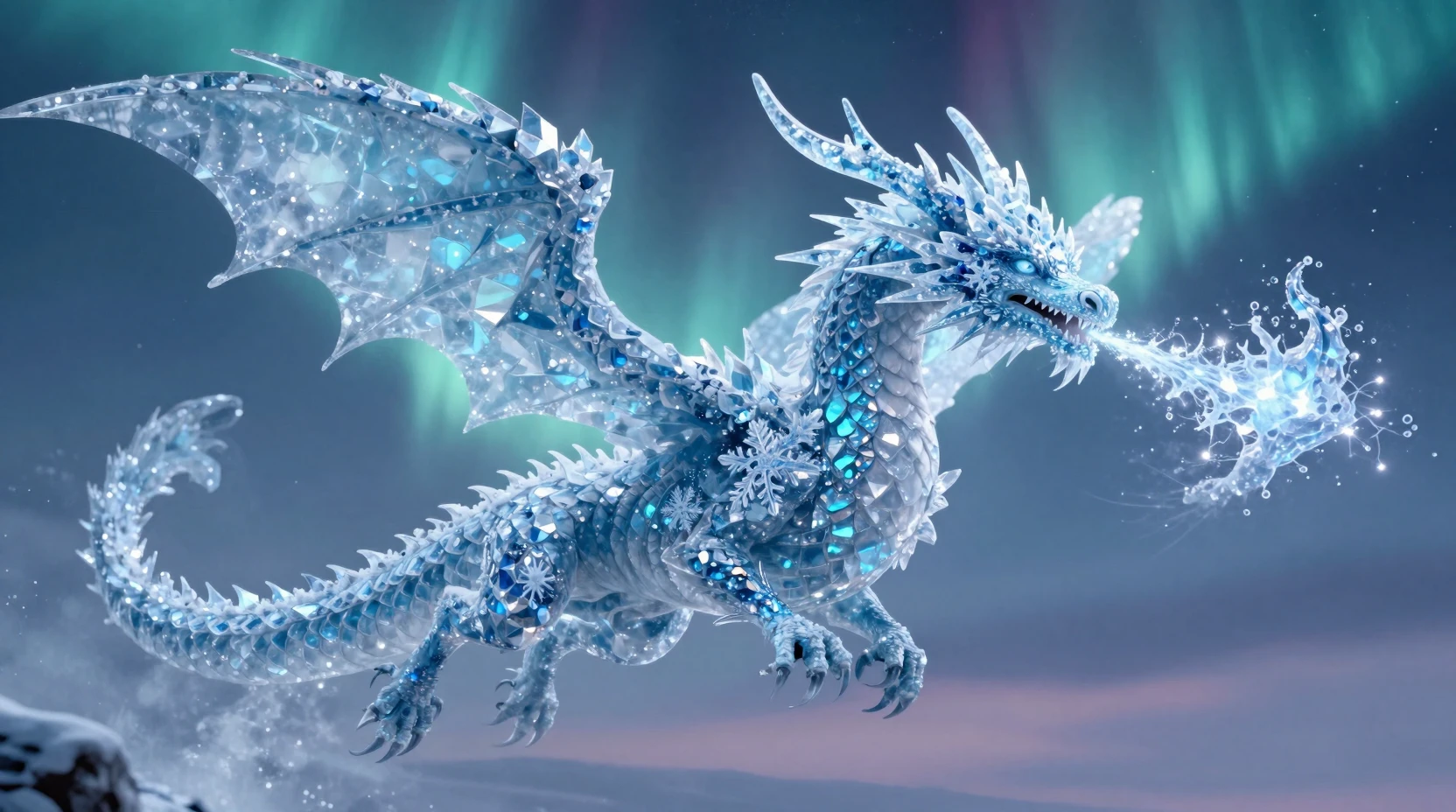 Ice dragon soaring beneath glowing aurora twilight sky