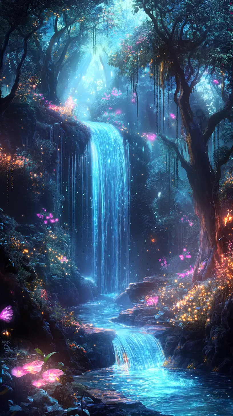 Enchanted Forest Waterfall Dreamscape At Dusk
