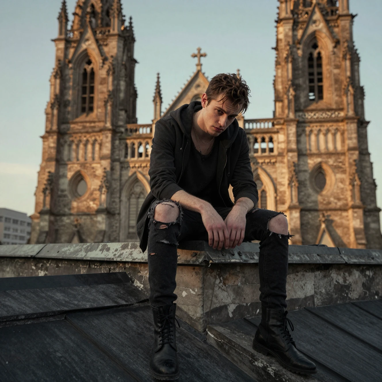 Young male vampire sitting on a gothic church rooftop