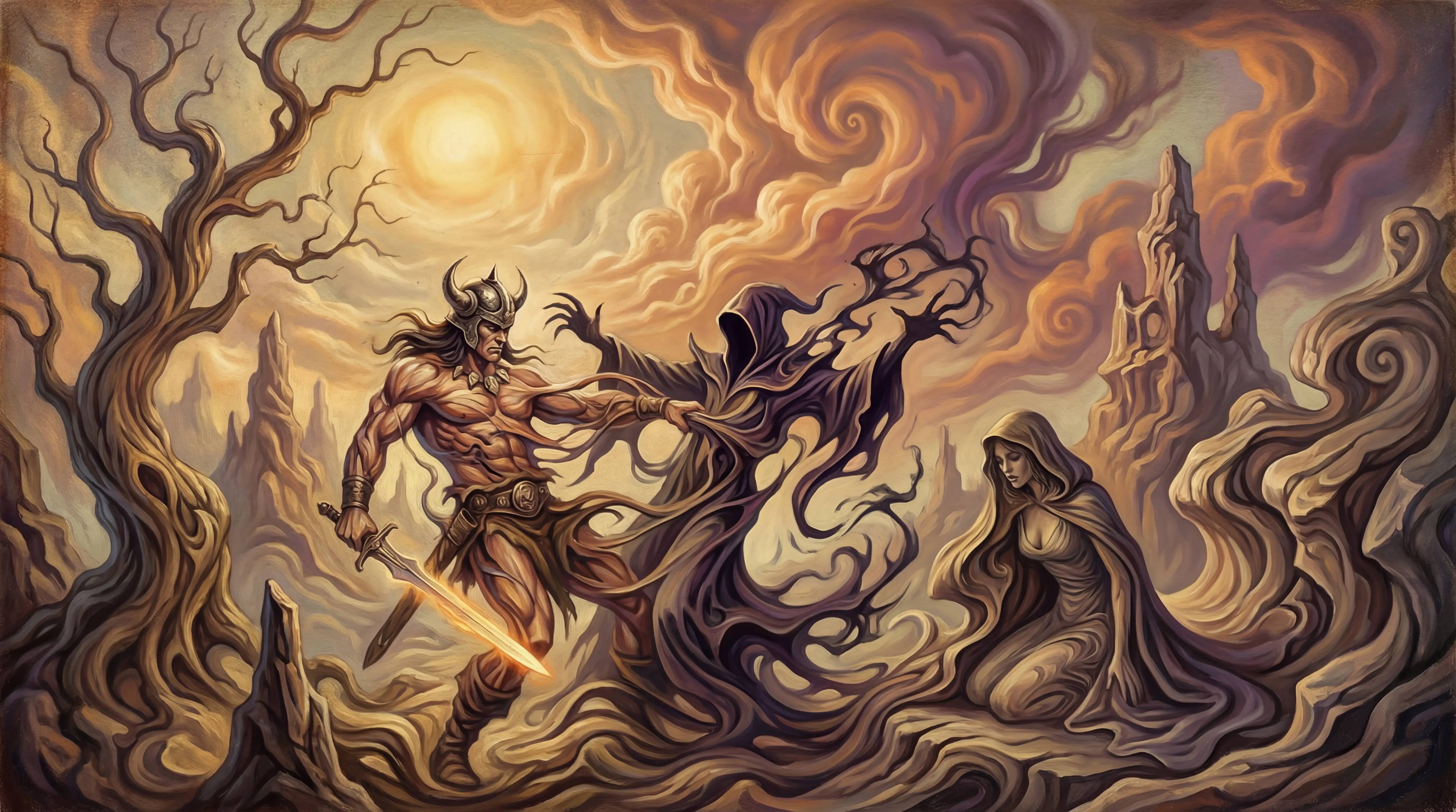 Barbarian warrior battling a wizard at golden hour