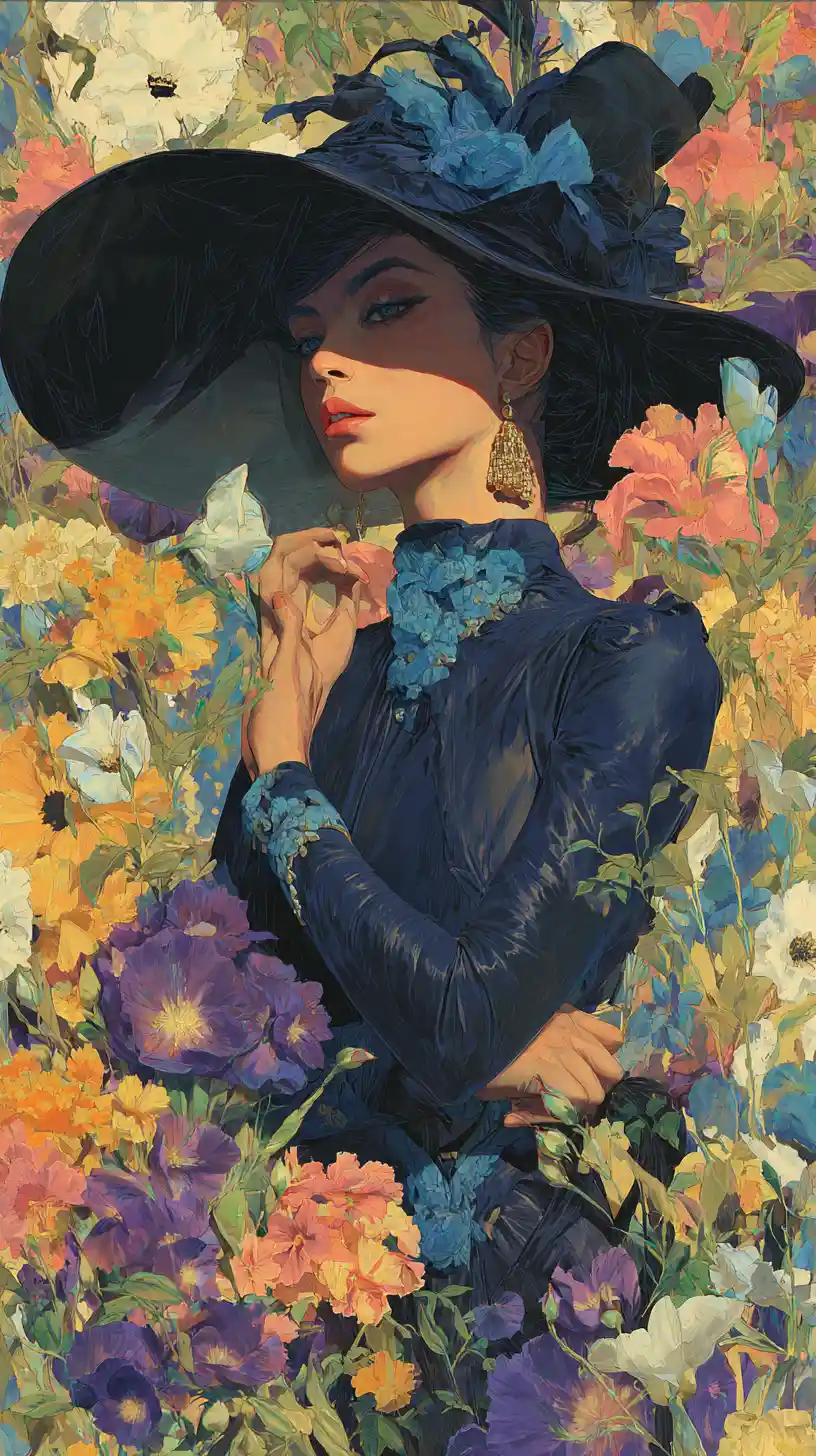 Elegant young woman in dark blue dress among flowers