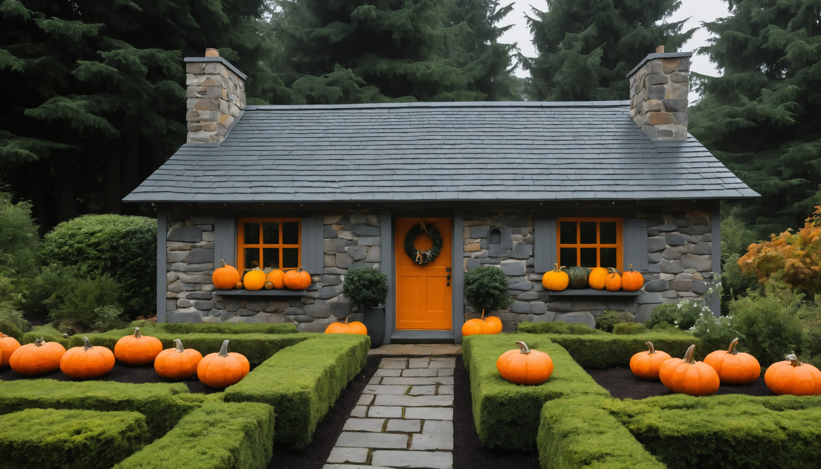 Rustic stone cottage with pumpkins in a forest clearing