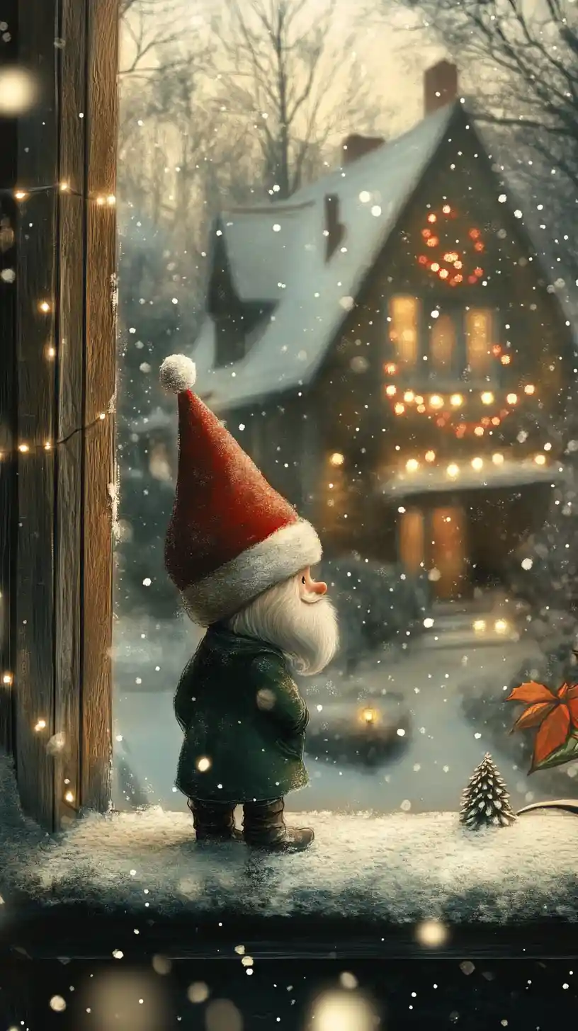 Christmas elf on snowy windowsill watching festive home
