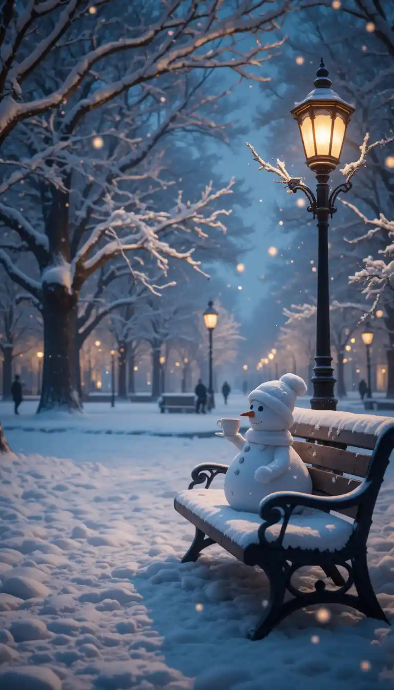 Banc de parc enneigé avec bonhomme de neige sous un réverbère chaleureux
