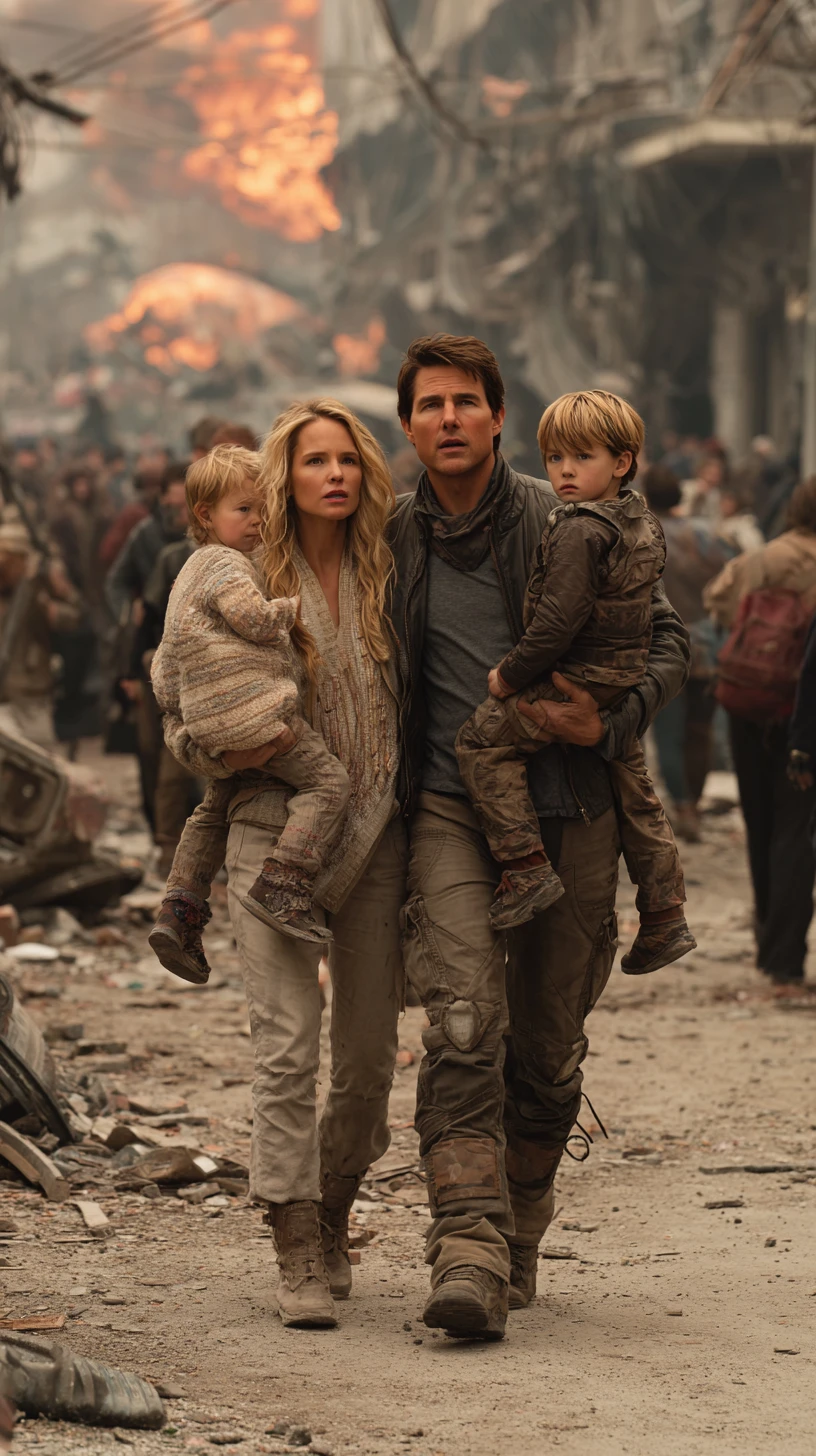 Terrified father running with children through ruined city streets
