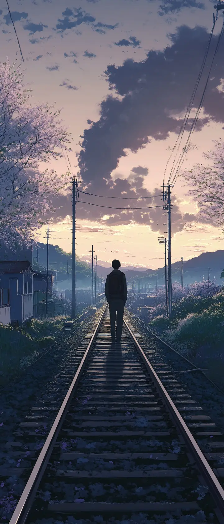 Endless train track through changing seasons and empty fields