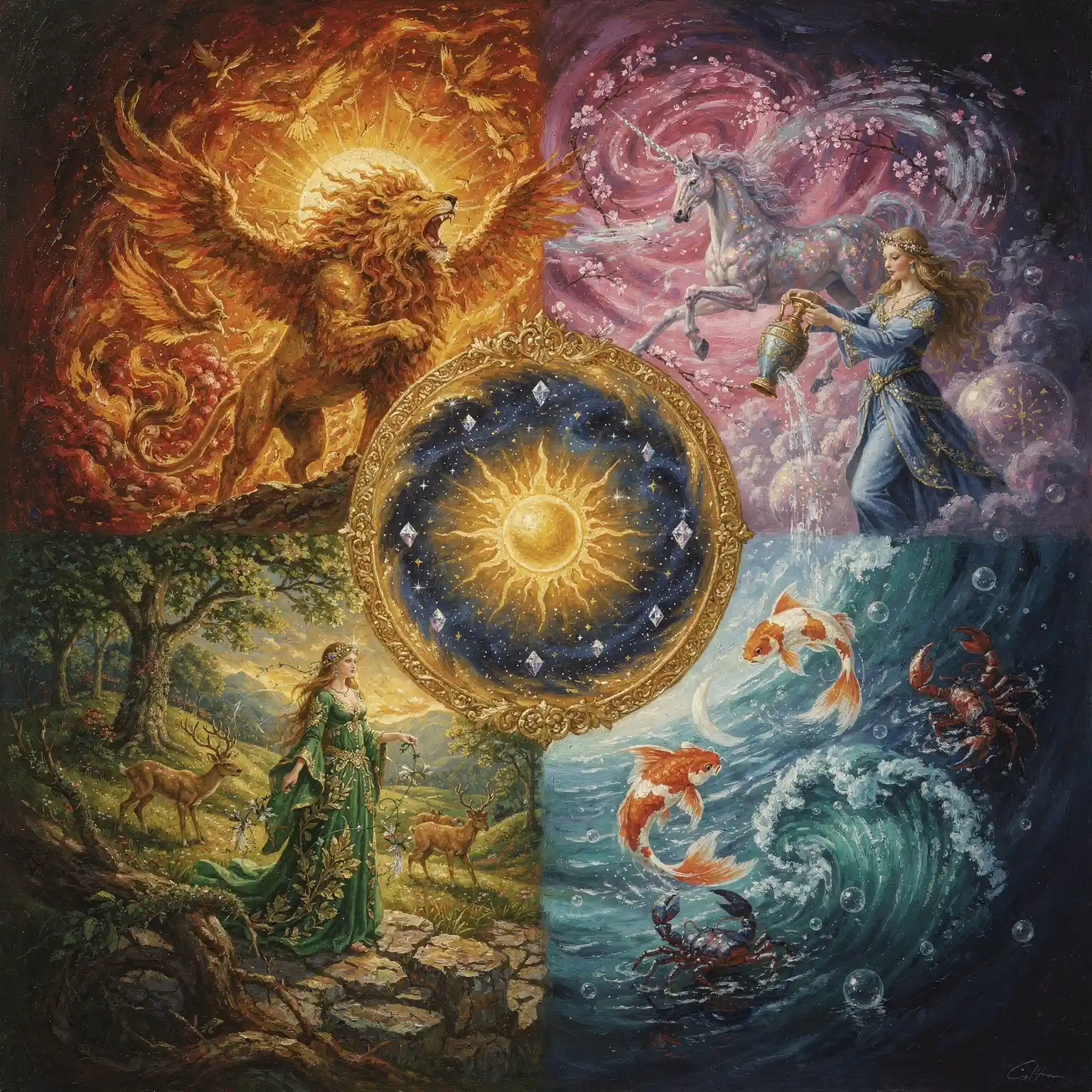 Elemental wheel oil painting with radiant cosmic portal