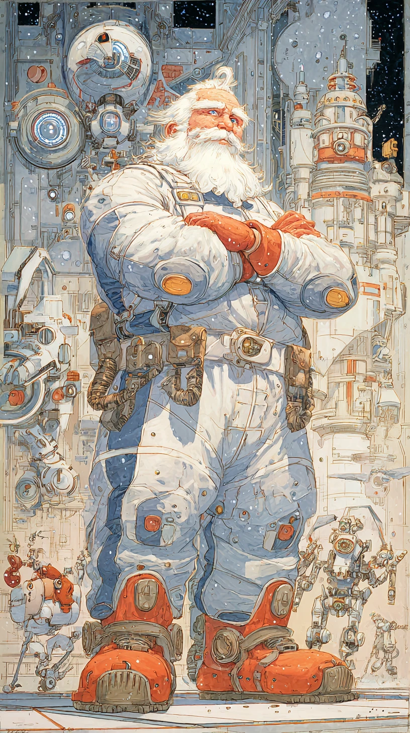 Famille du Père Noël Futuriste dans un Atelier de Jouets High-Tech