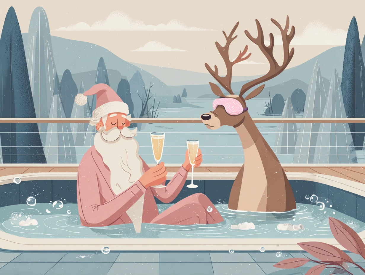 Santa Claus Relaxing In A Hot Tub With Reindeer