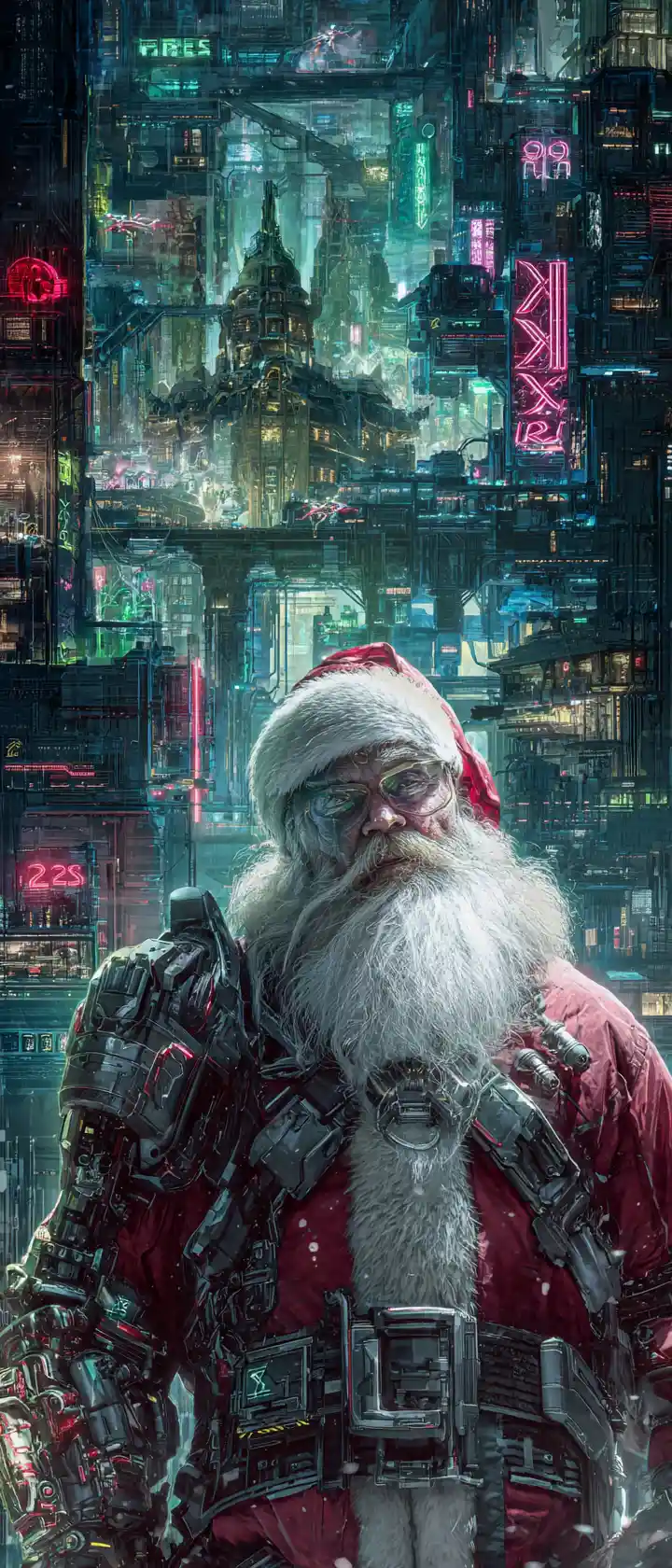 Santa cibernético posando en un taller de juguetes futurista