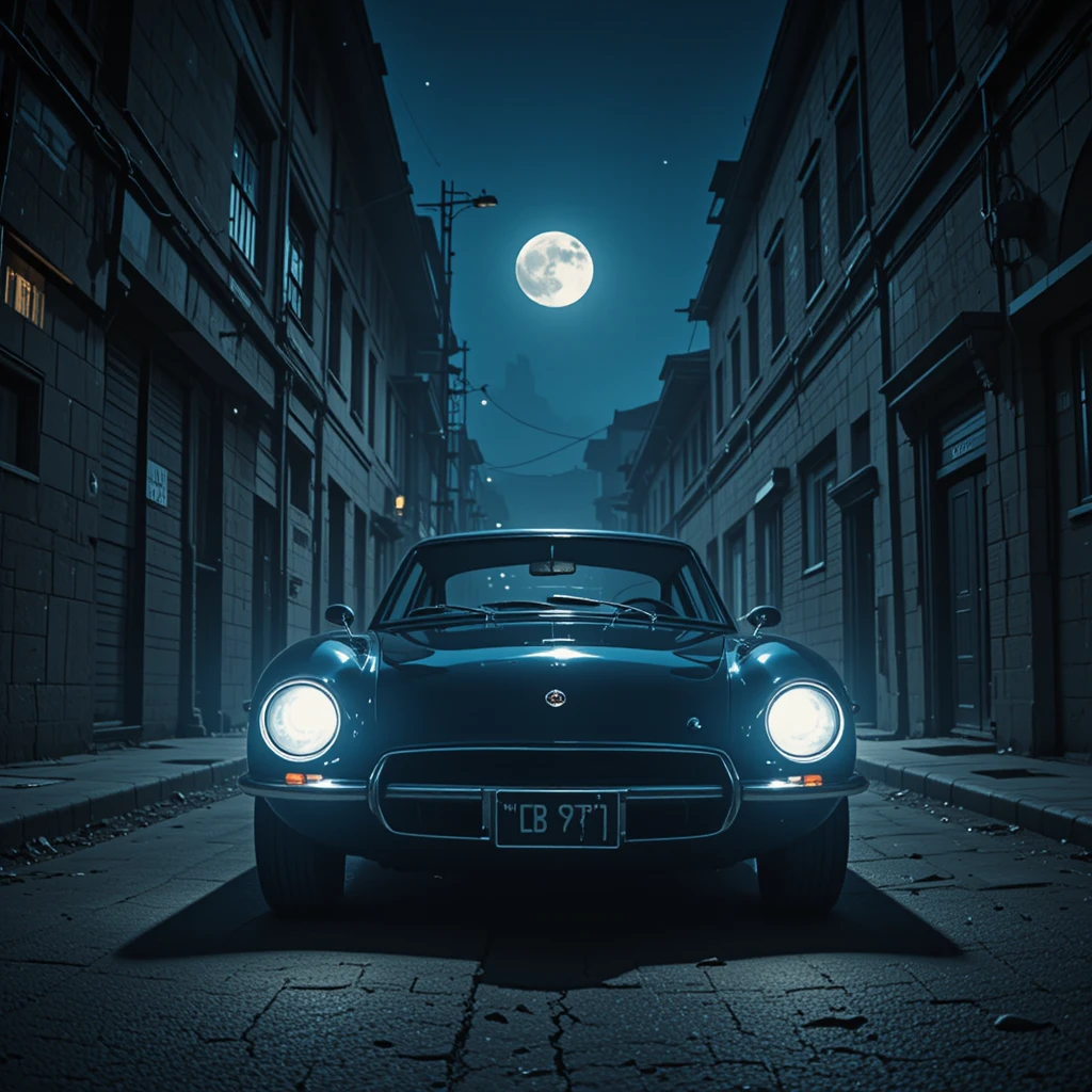 Oldtimer unter hellen Scheinwerfern in einer mondbeschienenen Gasse