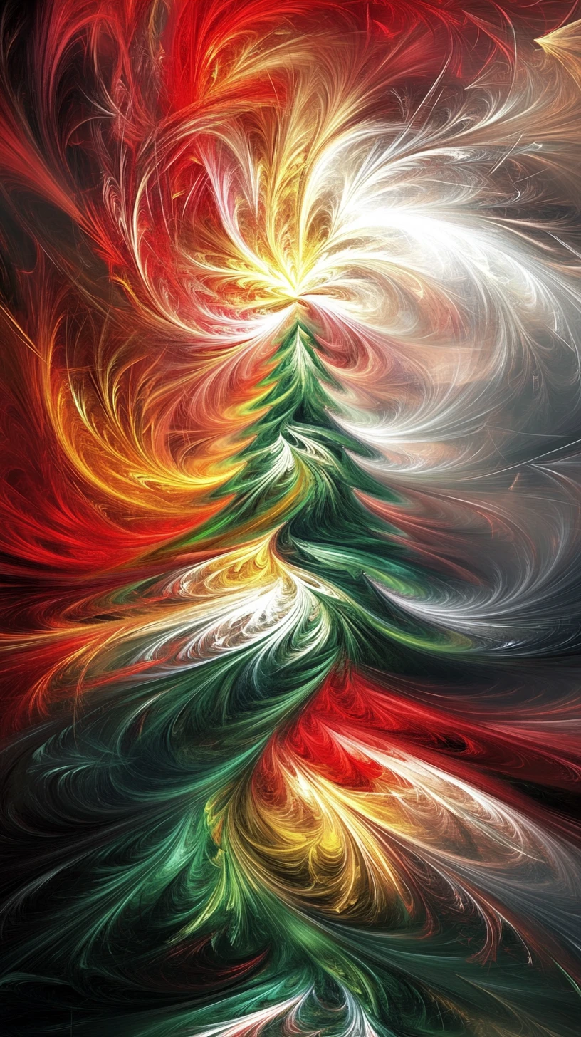 Green calligraphy Christmas tree with swirling feather fractals