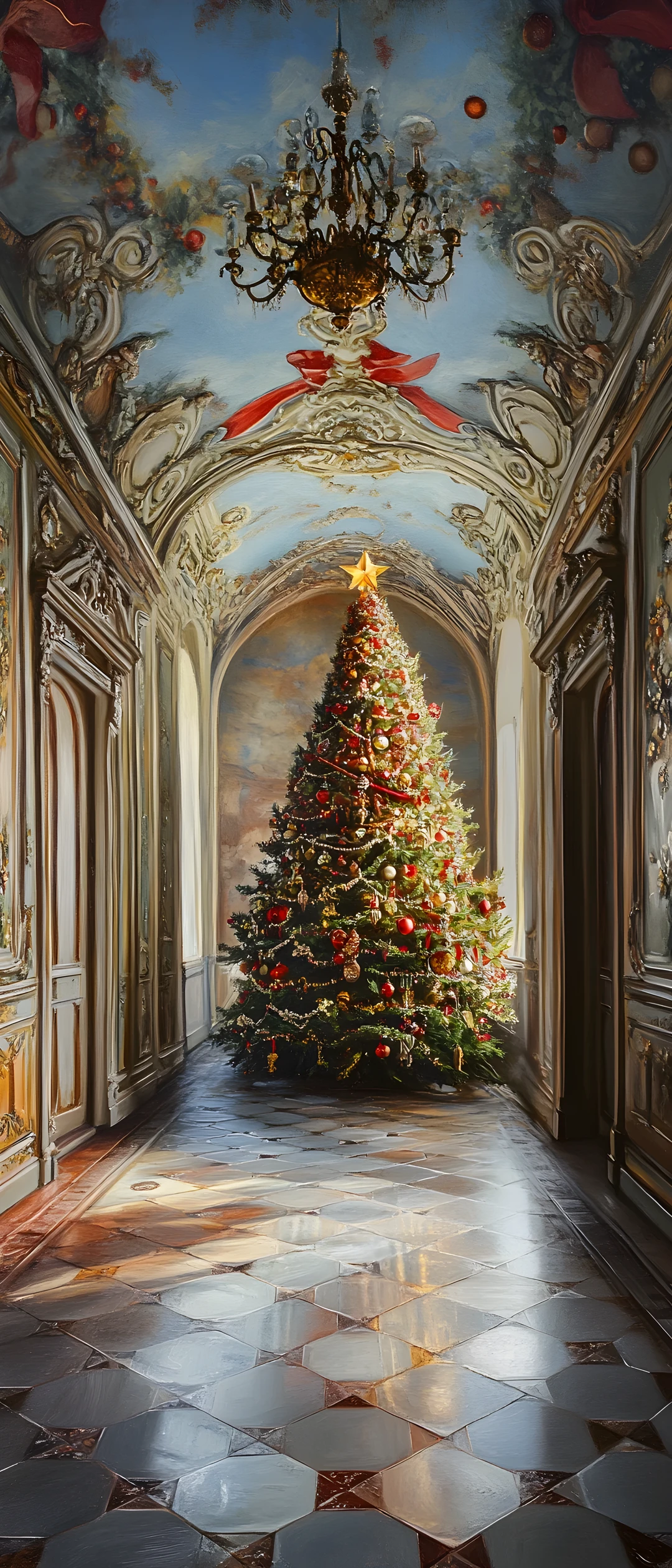 Grande albero di Natale in un corridoio riccamente decorato