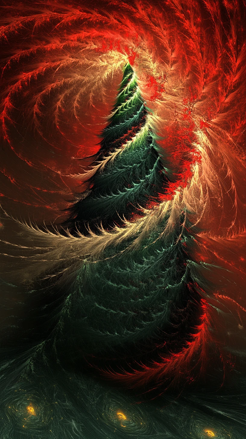 Calligraphy Christmas tree with colorful fractal feather swirls