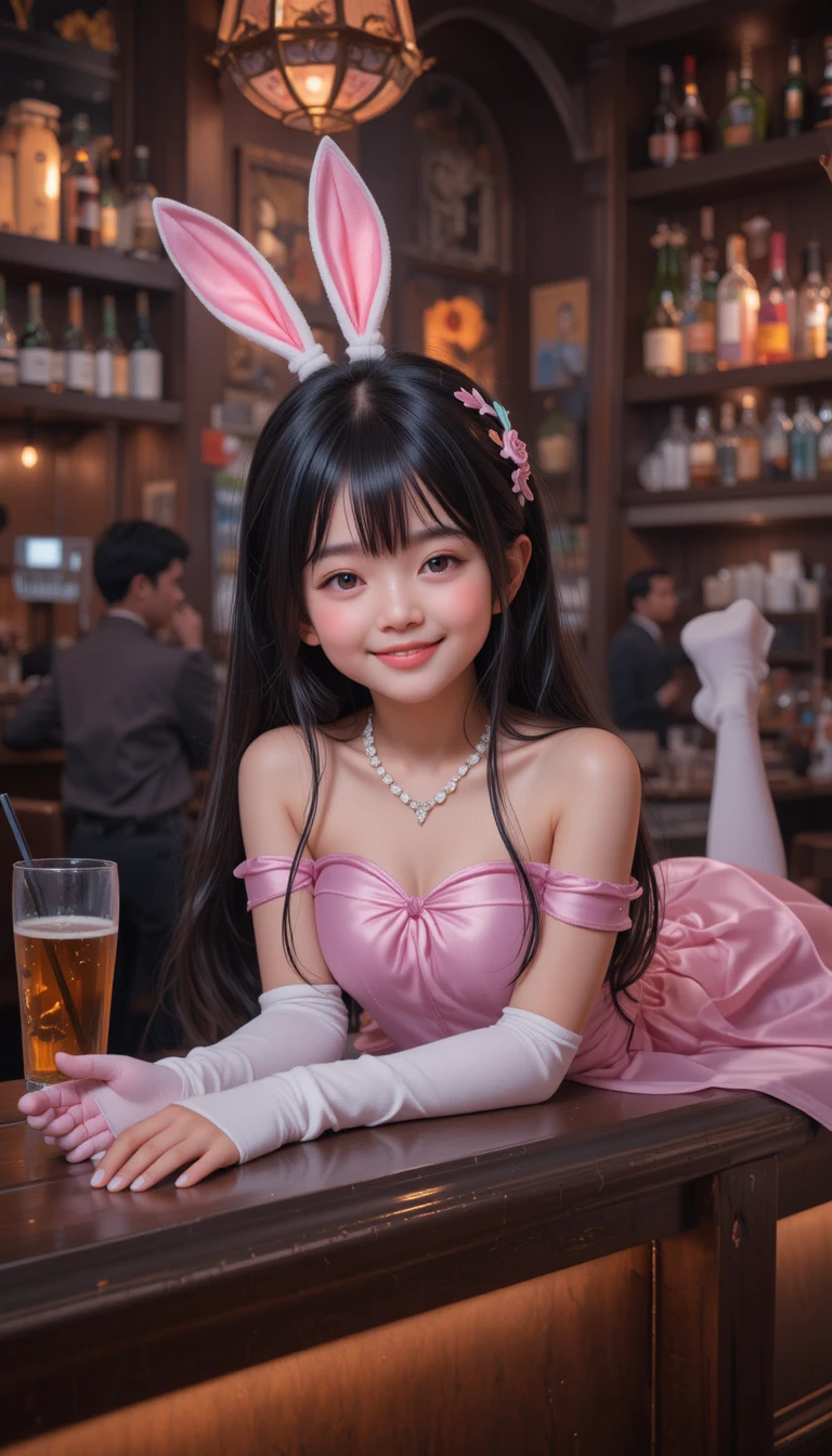 분홍색 드레스를 입고 바에 누워 있는 어린 애니메 소녀