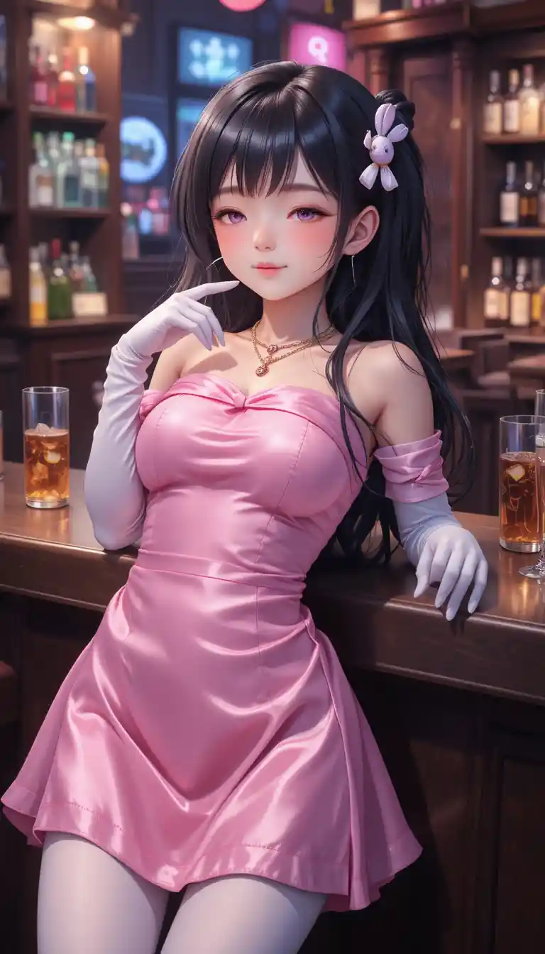 Jovem garota de anime com vestido rosa em um bar escuro