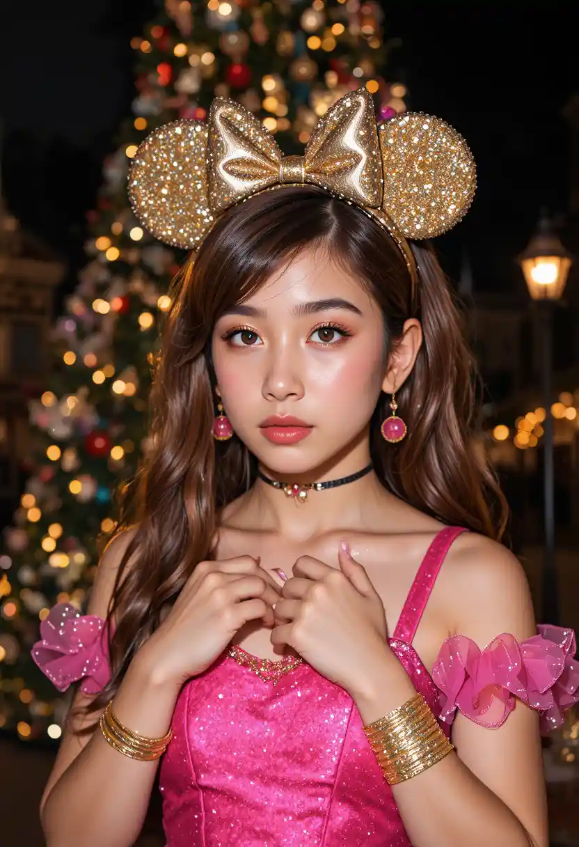 Tween girl in pink dress by lit christmas tree