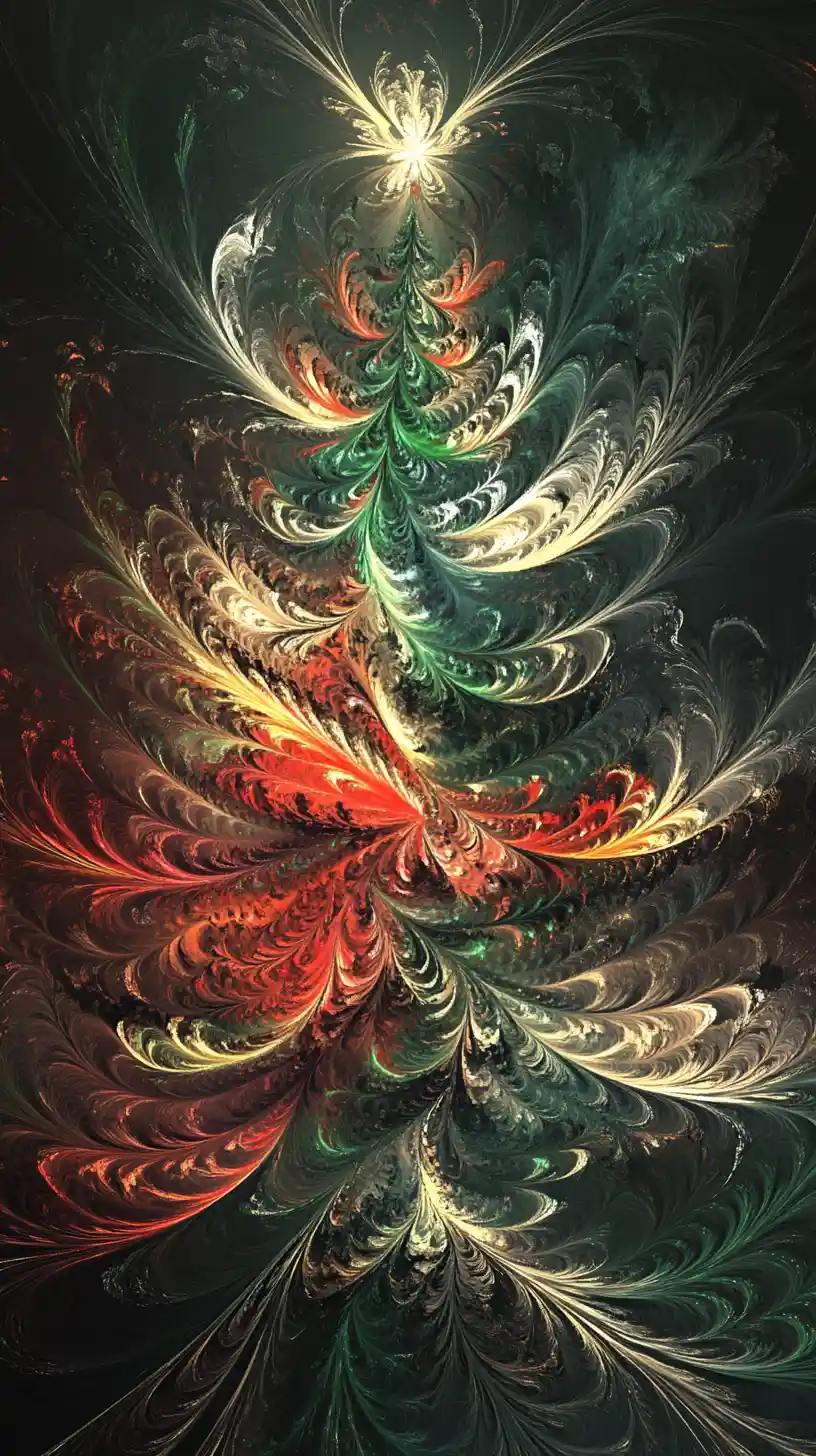 Sapin de Noël vert calligraphié avec tourbillons fractals en plumes