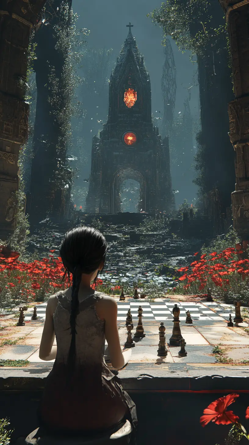 Girl Playing Chess With Her Reflection At A Mirror Table