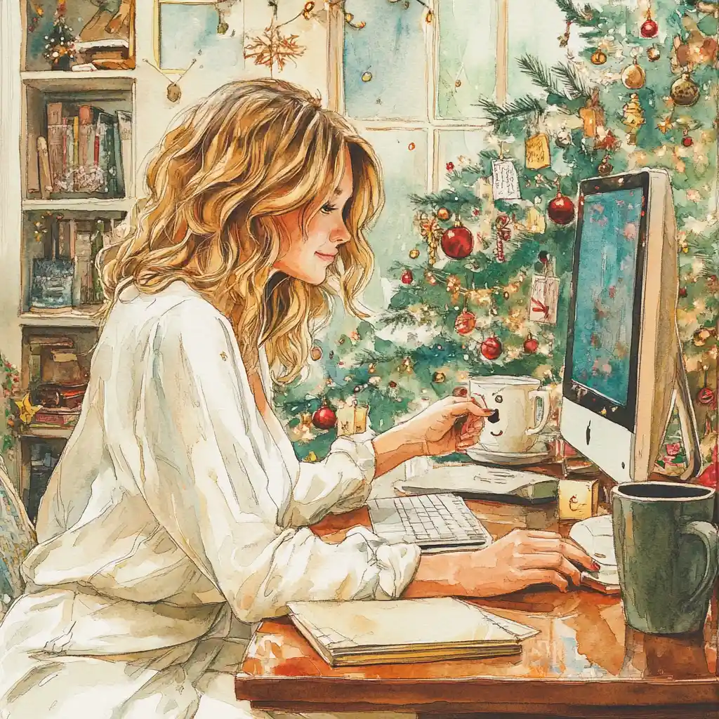 Joyful woman at Christmas office desk in watercolor style