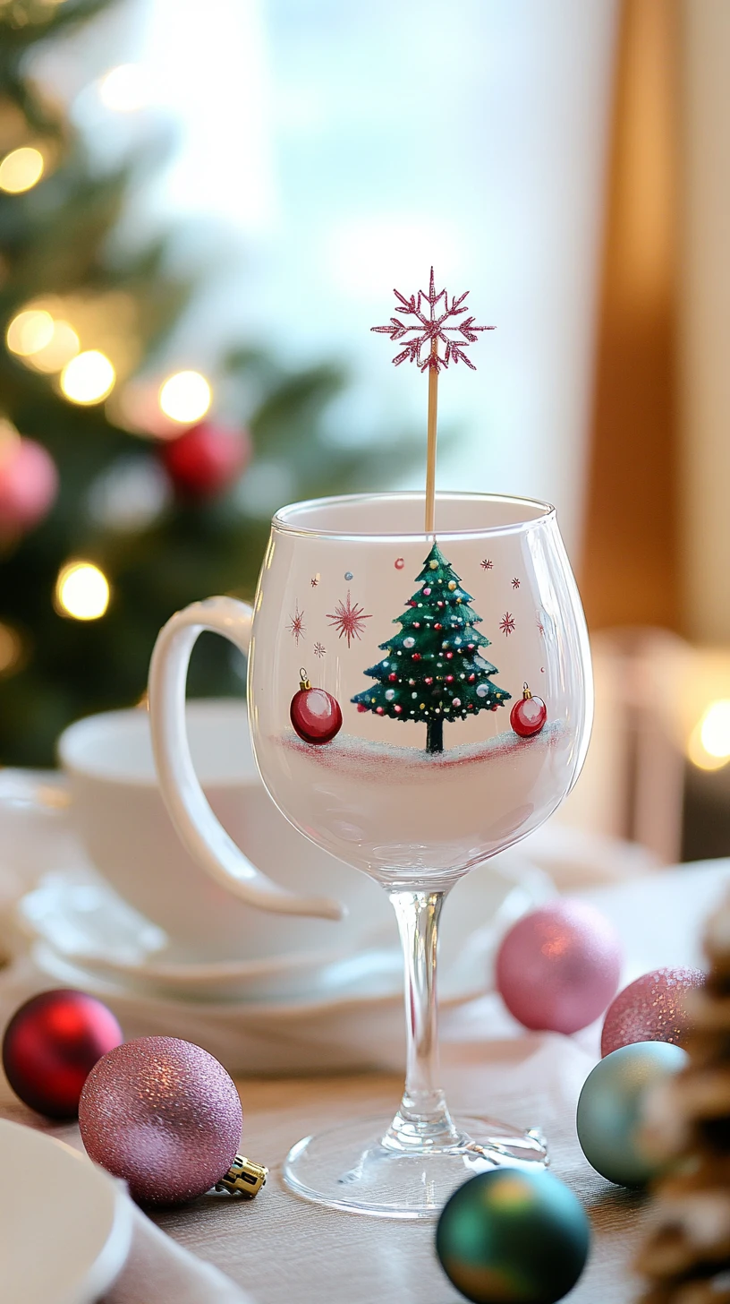 Christmas mug and bauble filled wine glass table decor