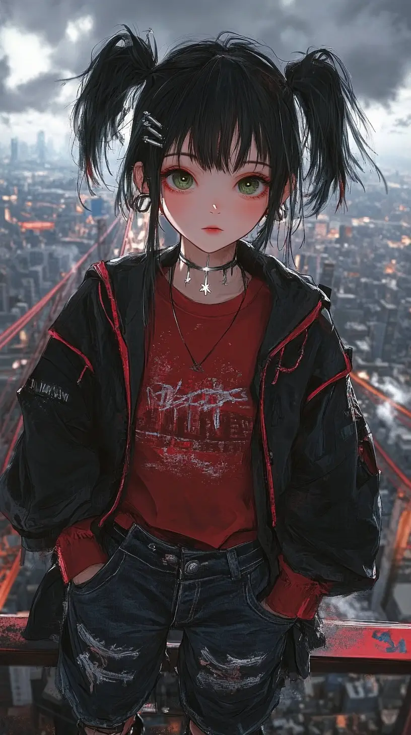 Anime girl on skyscraper rooftop park at night