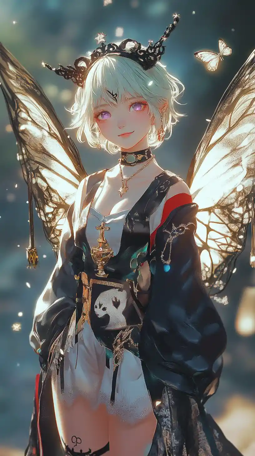 Angel winged girl in desert before glowing castle