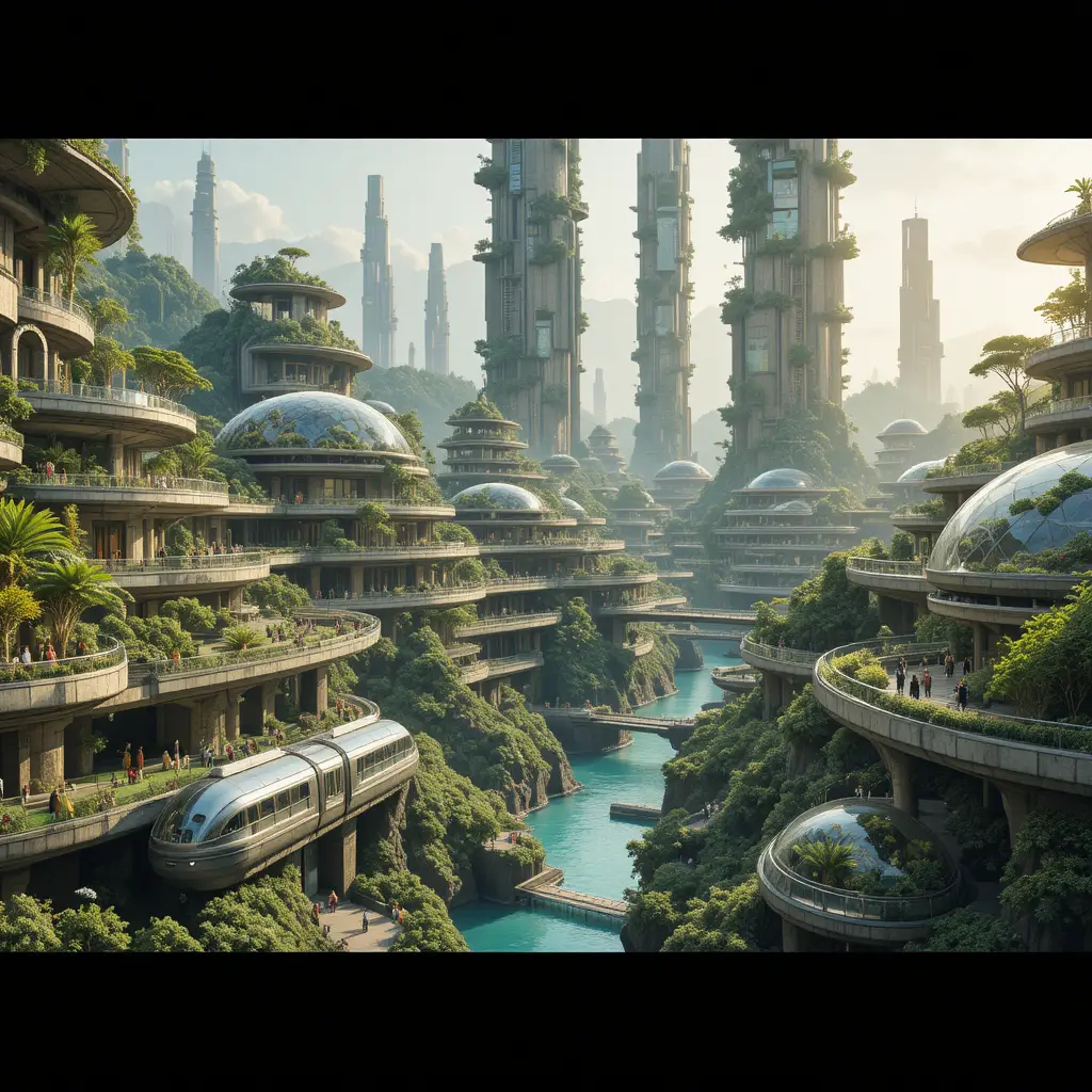 Futuristic eco city with terraced towers and lush greenery