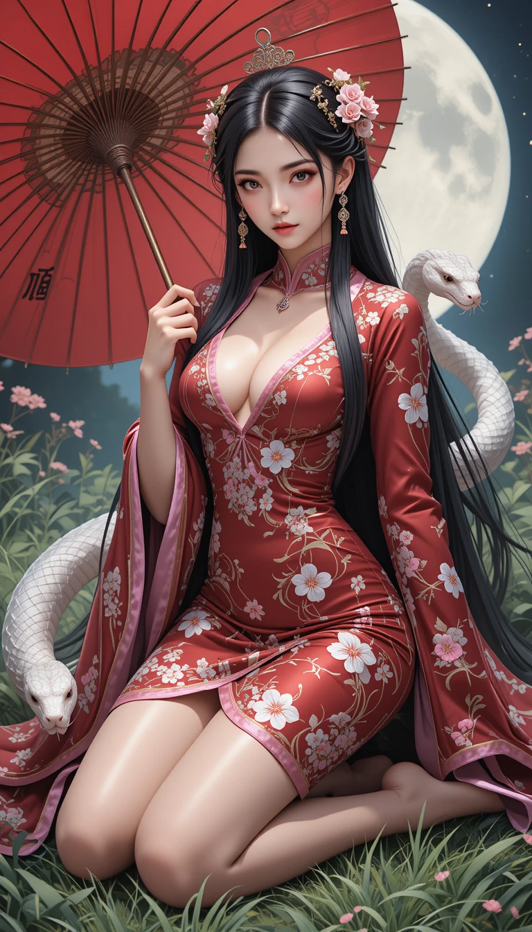 Regal anime pirate empress kneeling with a white snake