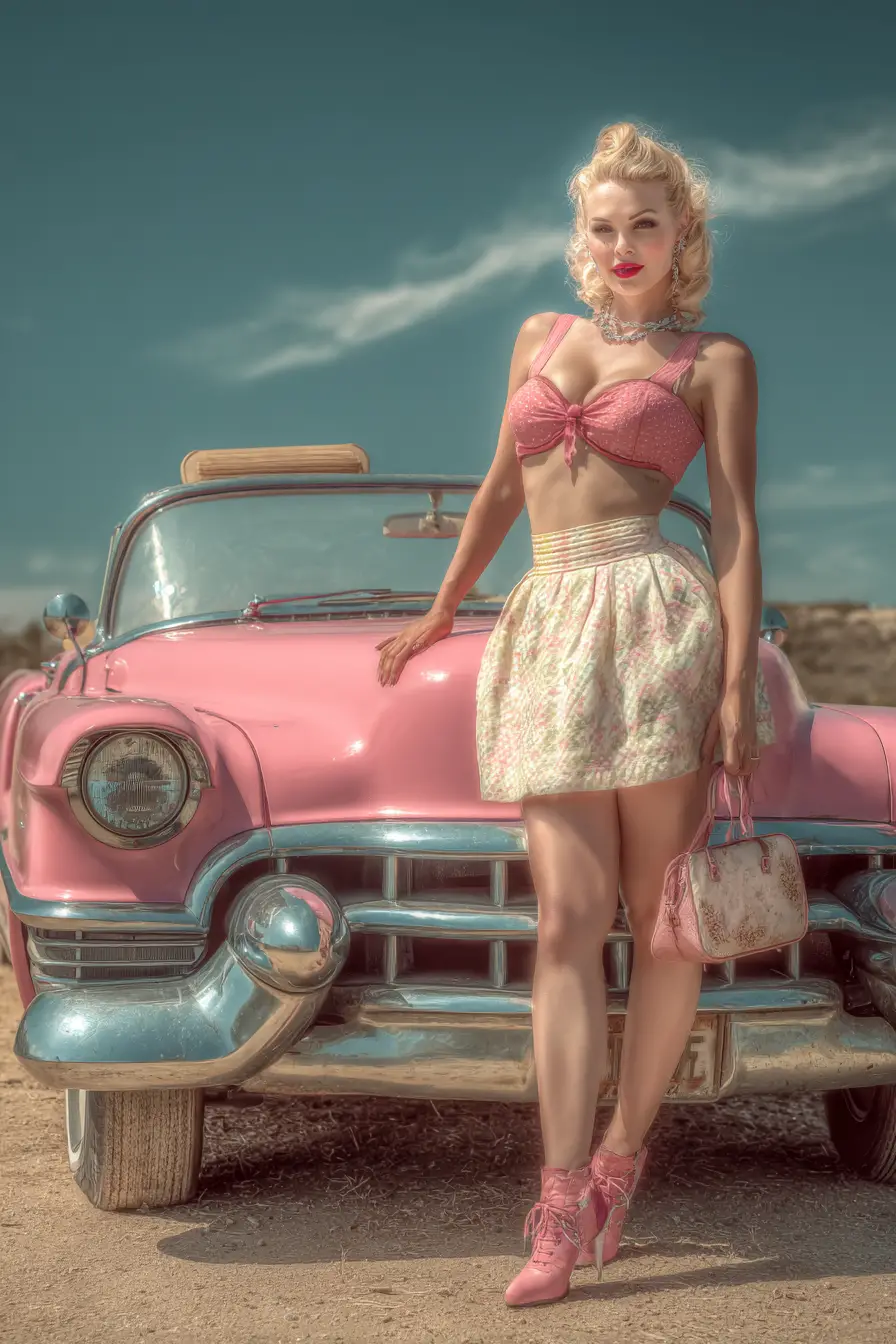 Pin up calendar girl posing by pink 50s Cadillac