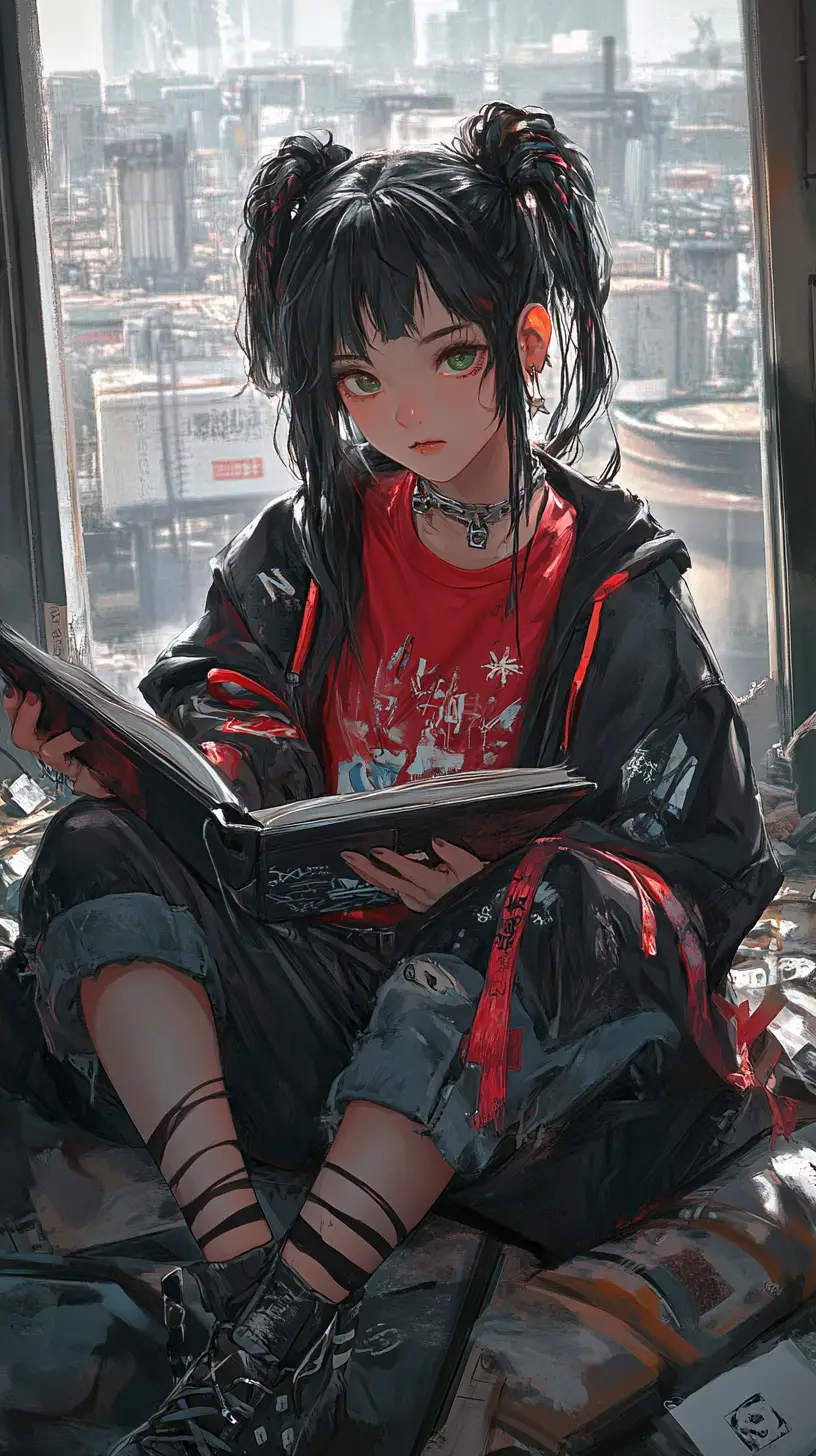 Anime girl reading tablet in ruined factory interior