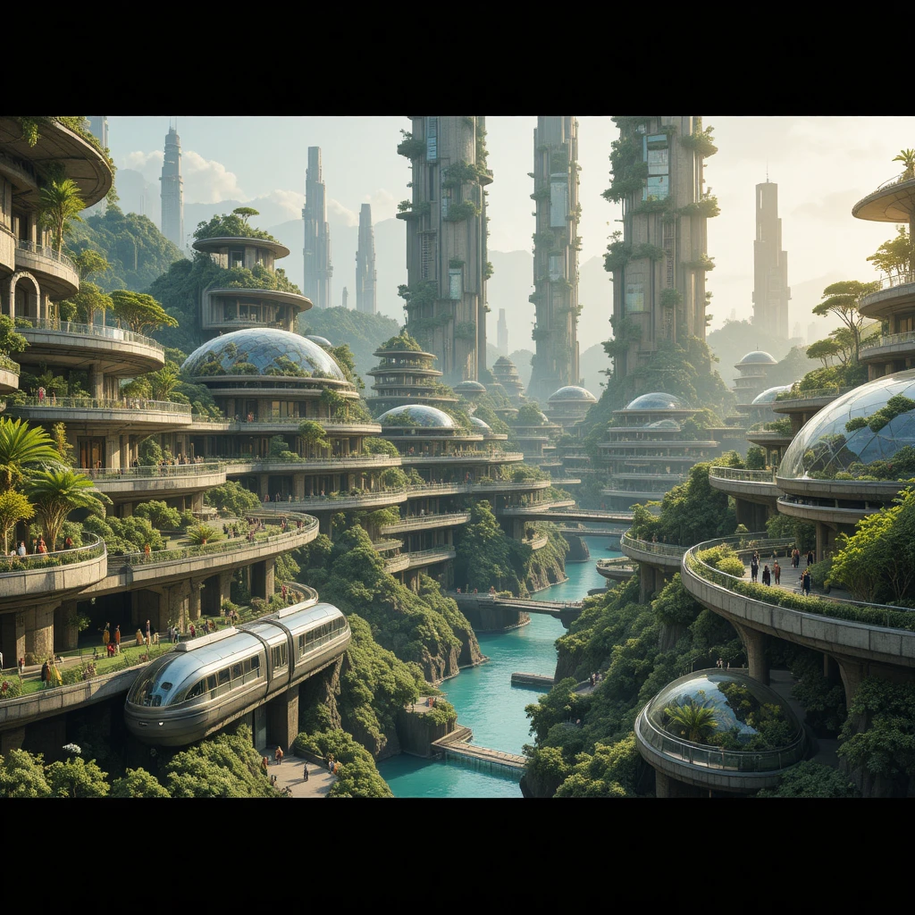 Ville écolo futuriste avec tours en terrasses et végétation luxuriante