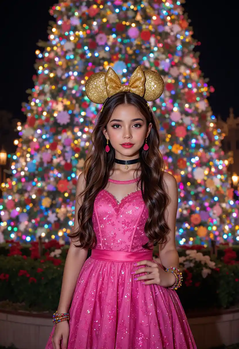 Tween boy in pink dress before Disneyland Christmas tree