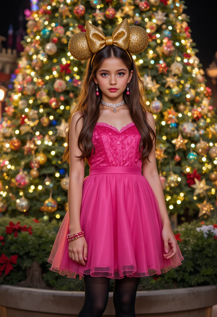 Teenager-Mädchen im pinken Kleid vor dem Disneyland-Weihnachtsbaum